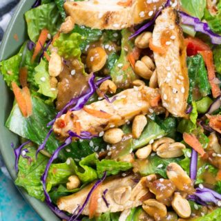 Spicy Thai Salad with Chicken is a Panera favorite you can make at home now! This delicious Thai Chili Vinaigrette peanut sauce will be a new favorite.