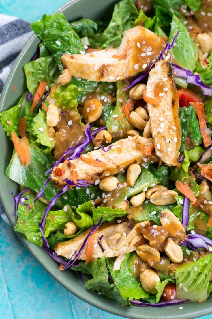 Spicy Thai Salad with Chicken is a Panera favorite you can make at home now! This delicious Thai Chili Vinaigrette peanut sauce will be a new favorite.