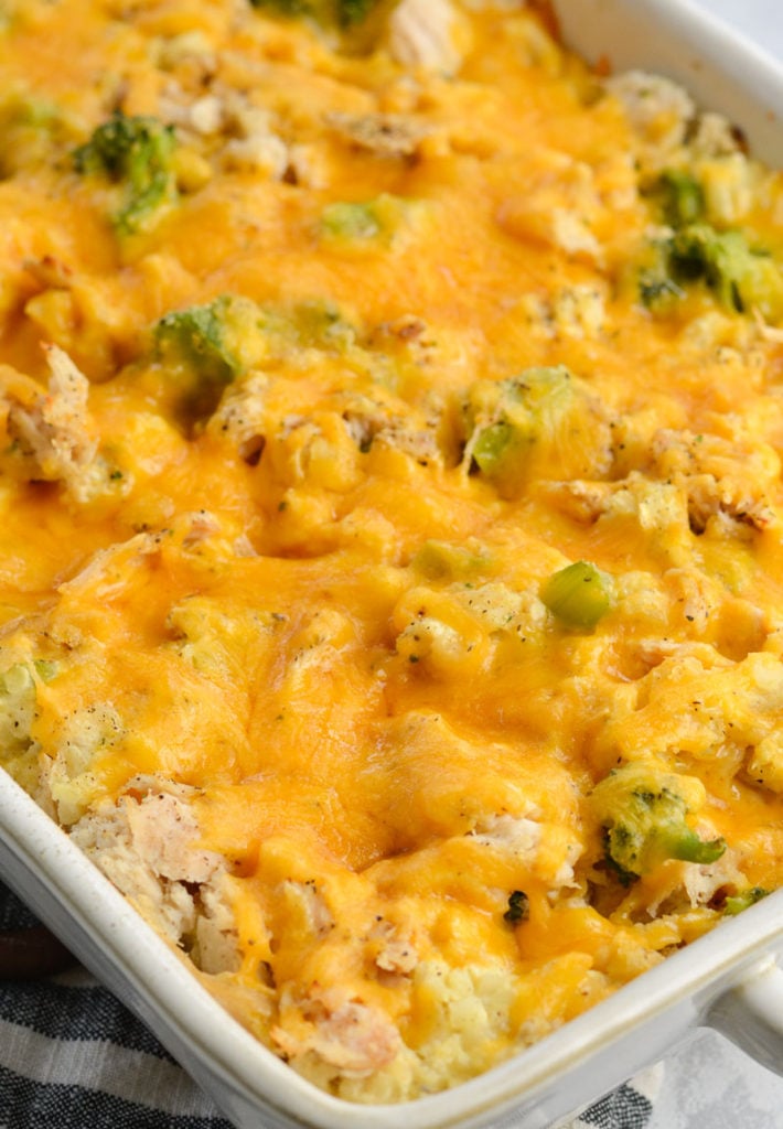 This Cheesy Cauliflower Rice with Broccoli and Chicken Casserole is the perfect keto dinner with just 8 net carbs per serving! 