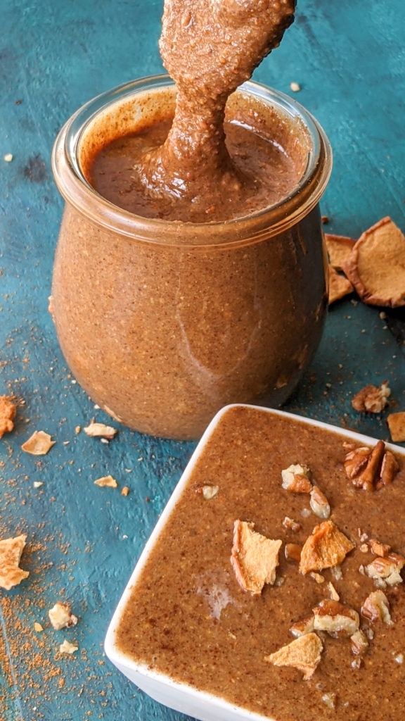 A sweet, sugar-free pecan butter recipe made with just 6 whole ingredients! An irresistible paleo, vegan, and Whole30-friendly treat.
