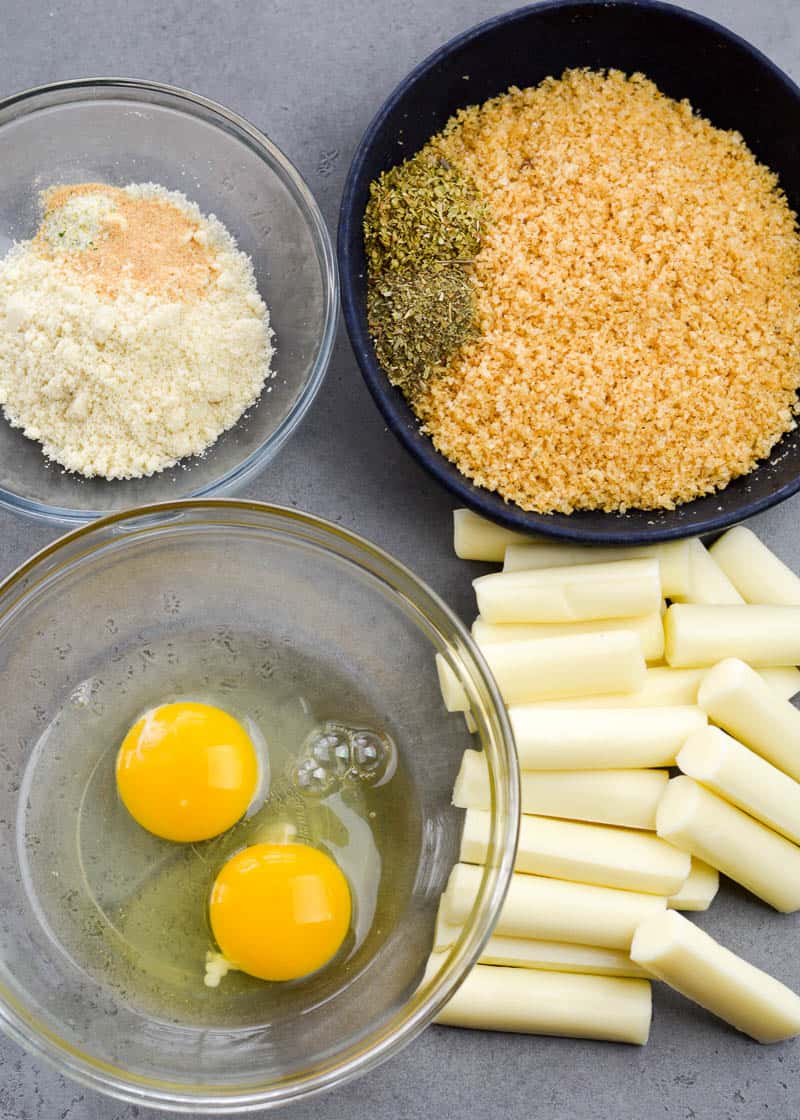 ingredients for gluten free mozzarella sticks on a countertop