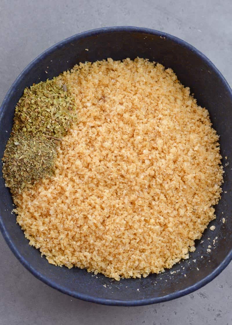 pork rind panko and seasonings in a bowl