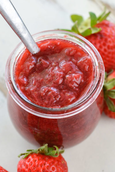 This easy Sugar Free Strawberry Sauce is perfect over low carb cheesecake, pancakes, and more!