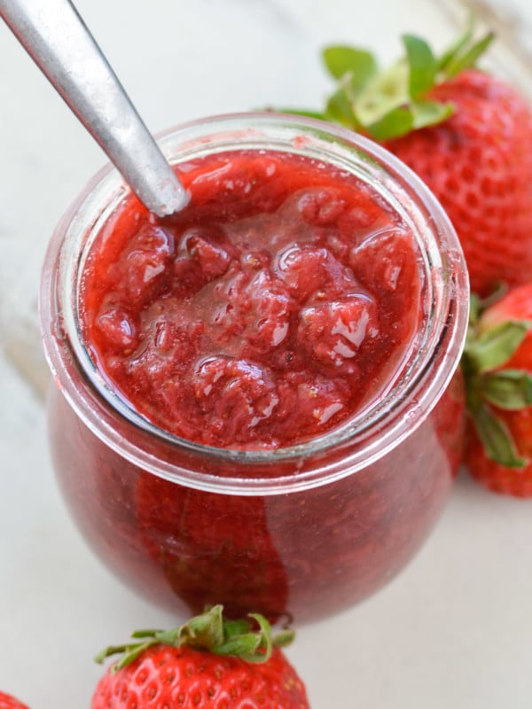 This easy Sugar Free Strawberry Sauce is perfect over low carb cheesecake, pancakes, and more!