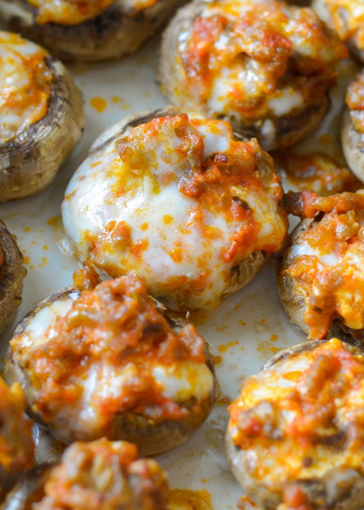 This Air Fryer Mushroom recipe features tender mushrooms loaded with Italian sausage, marinara, and cheese! Each serving is a great low carb lunch or appetizer under 3 net carbs!