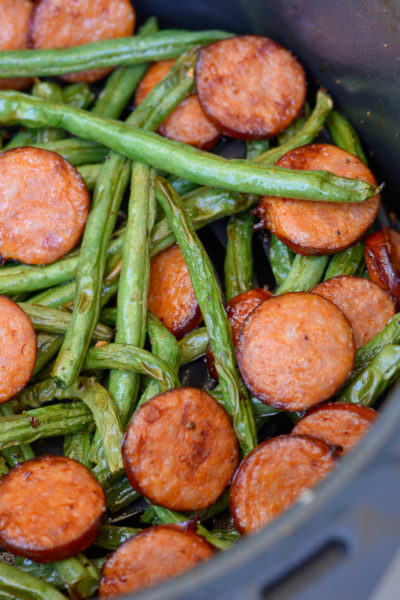 Air Fryer Green Beans and Smoked Sausage is the ultimate 10 minute meal! This low carb dinner has only 6 net carbs per serving and is great for keto meal prep!