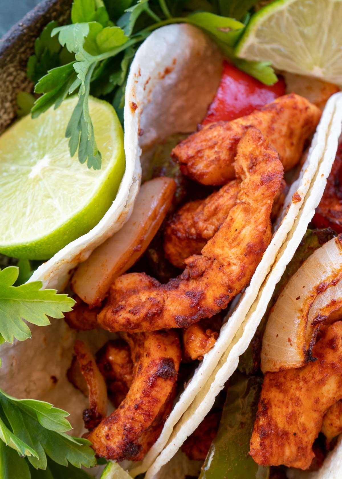 Chicken Fajitas on plate with lime
