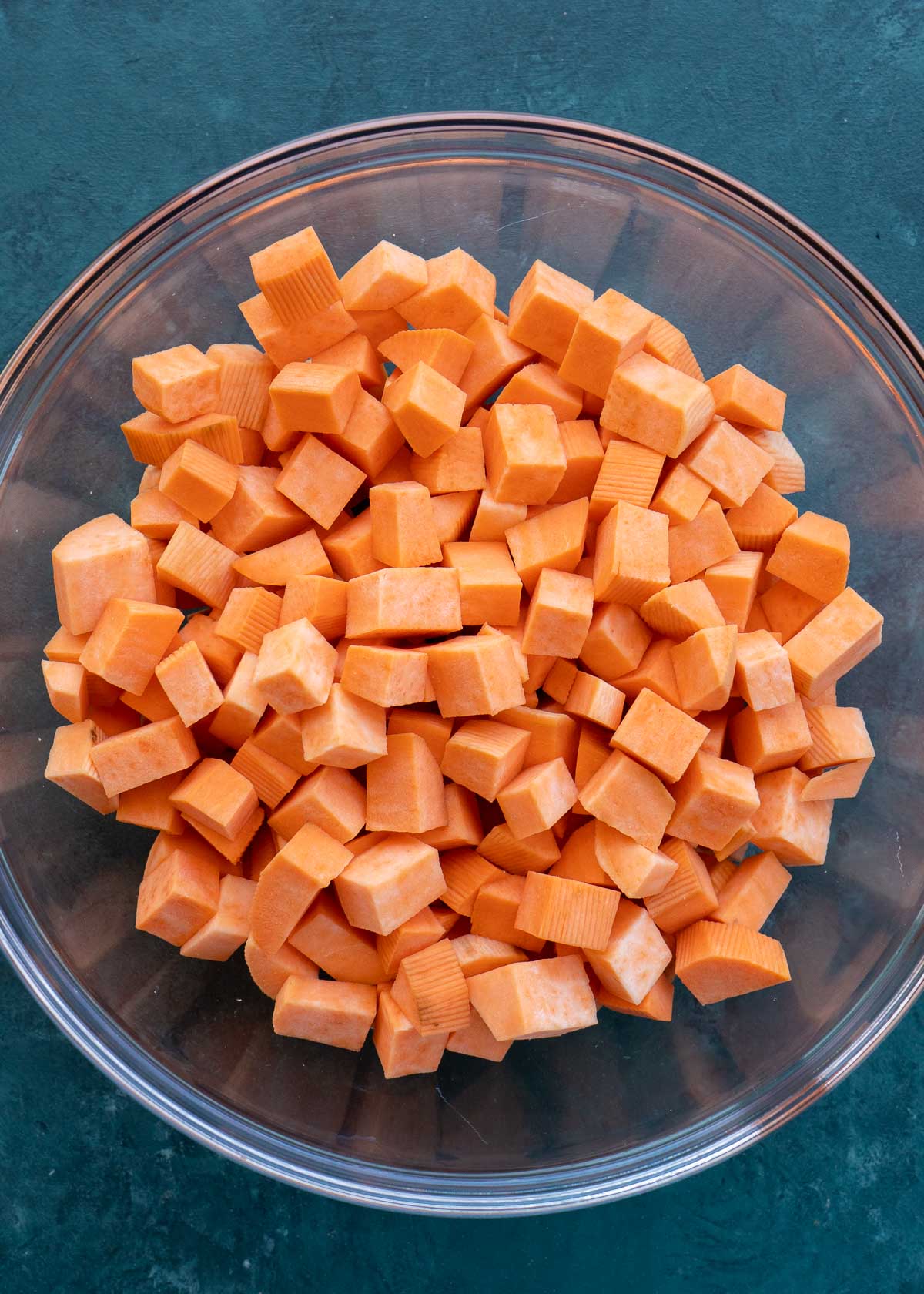 overhead shot of sweet potato cubes