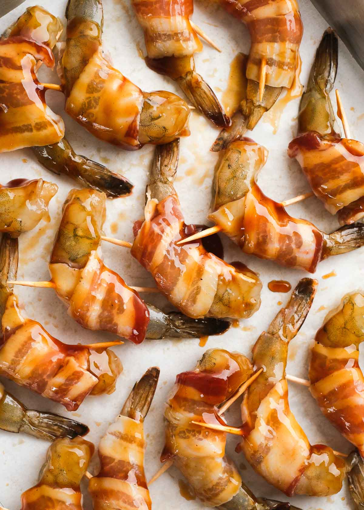 shrimp wrapped with bacon and brushed with bbq sauce