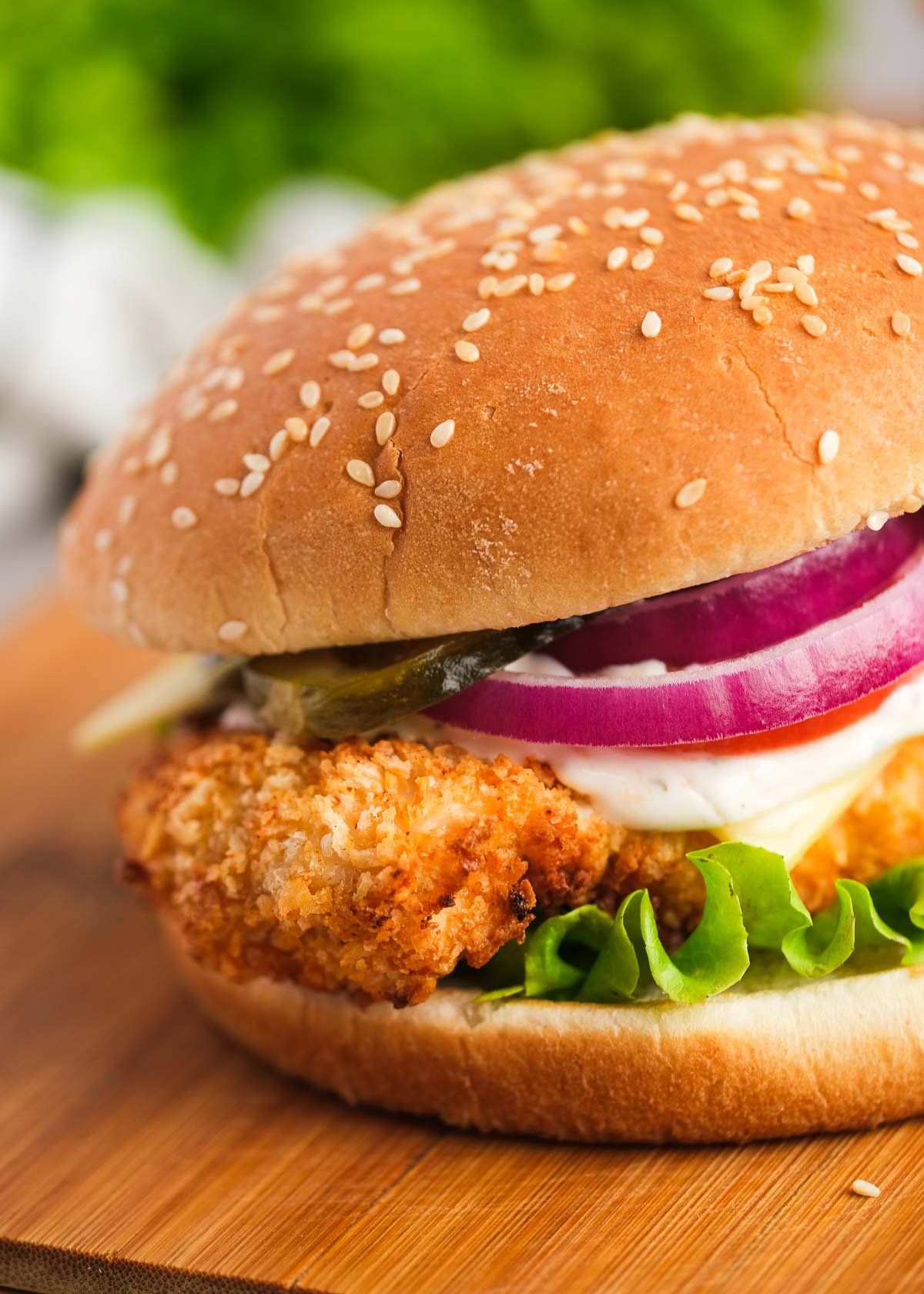 closeup view of crispy chicken fillet in this delicious air fryer sandwich recipe