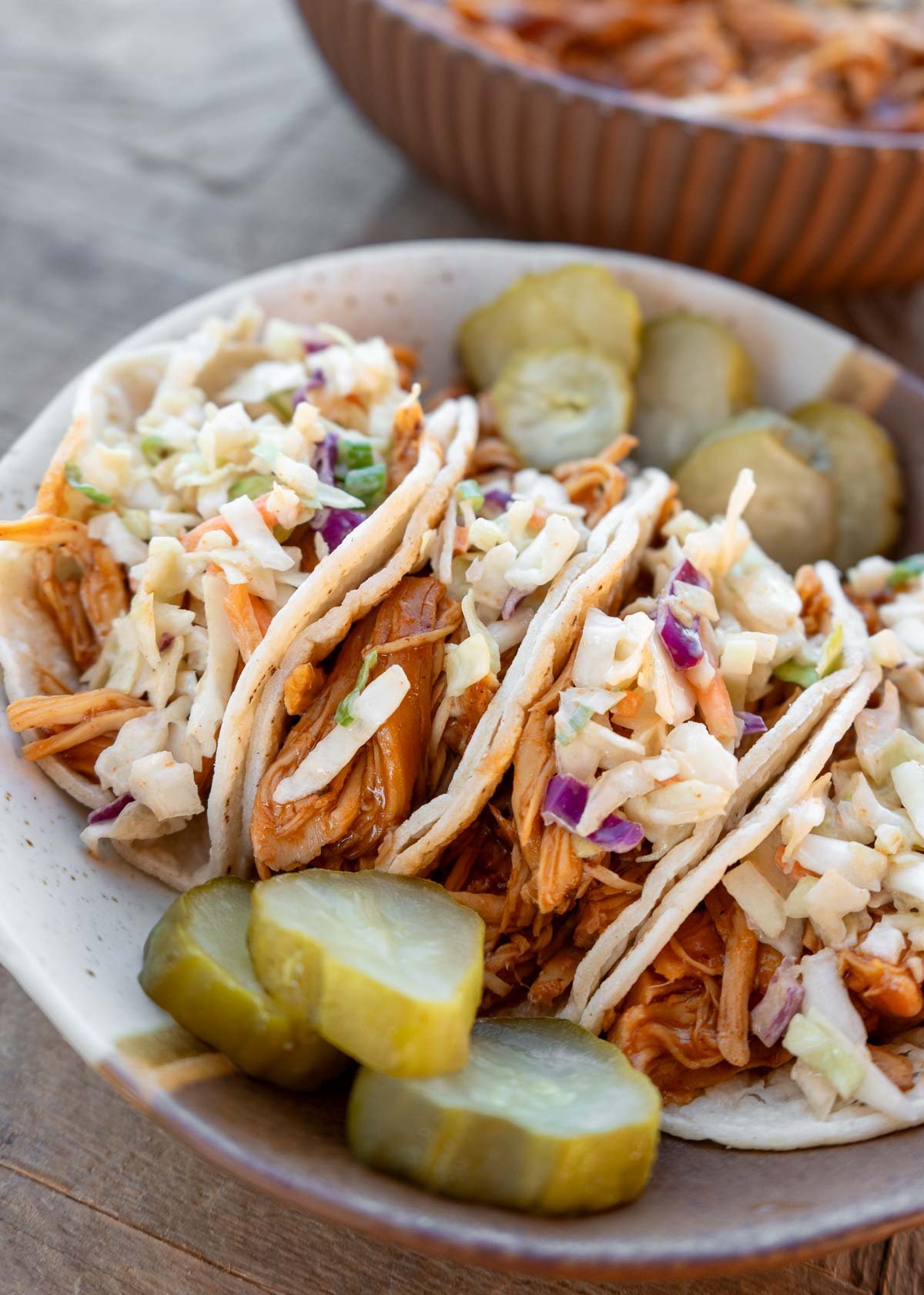 bbq chicken tacos with slaw and pickles