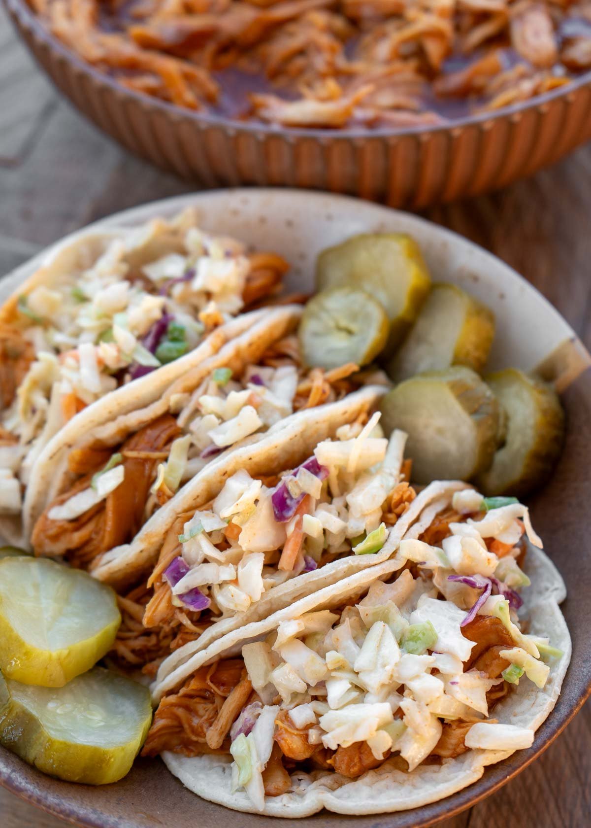 easy bbq chicken tacos with slaw and pickles