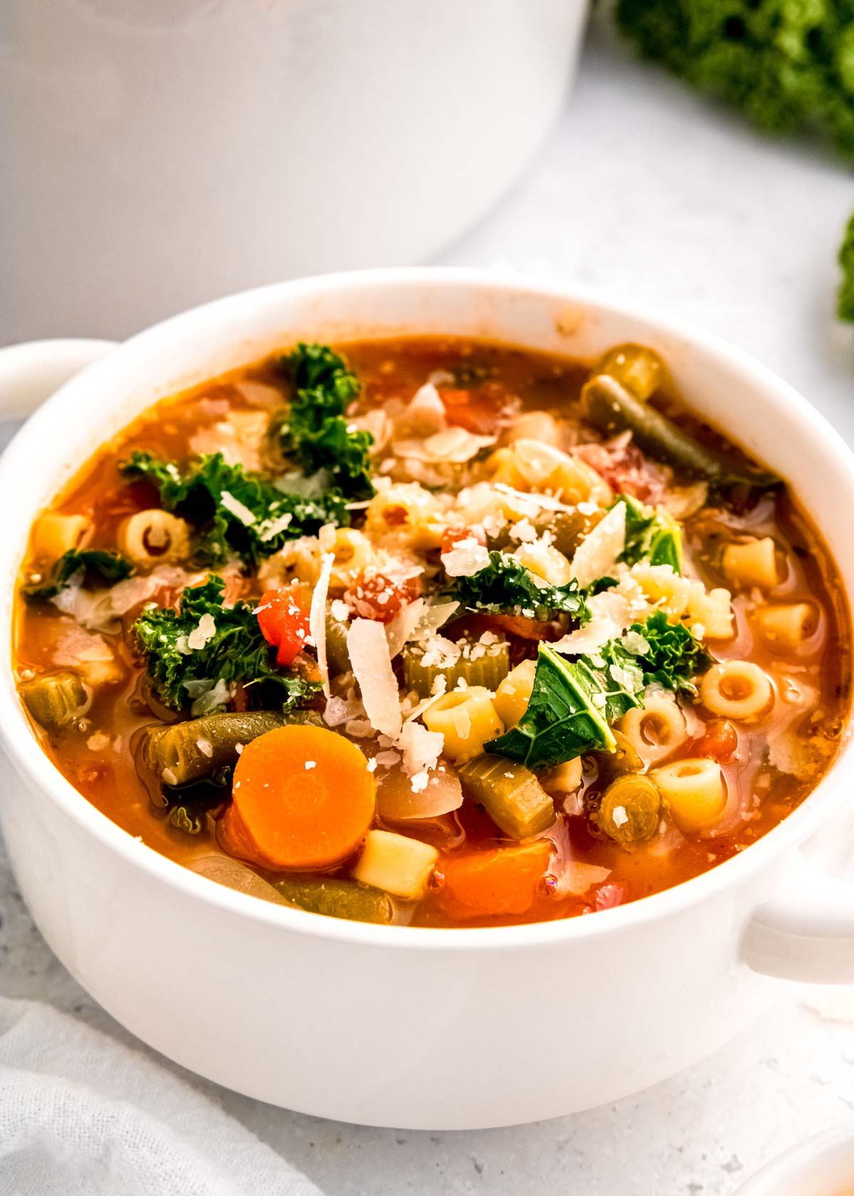 easy minestrone soup in a white bowl