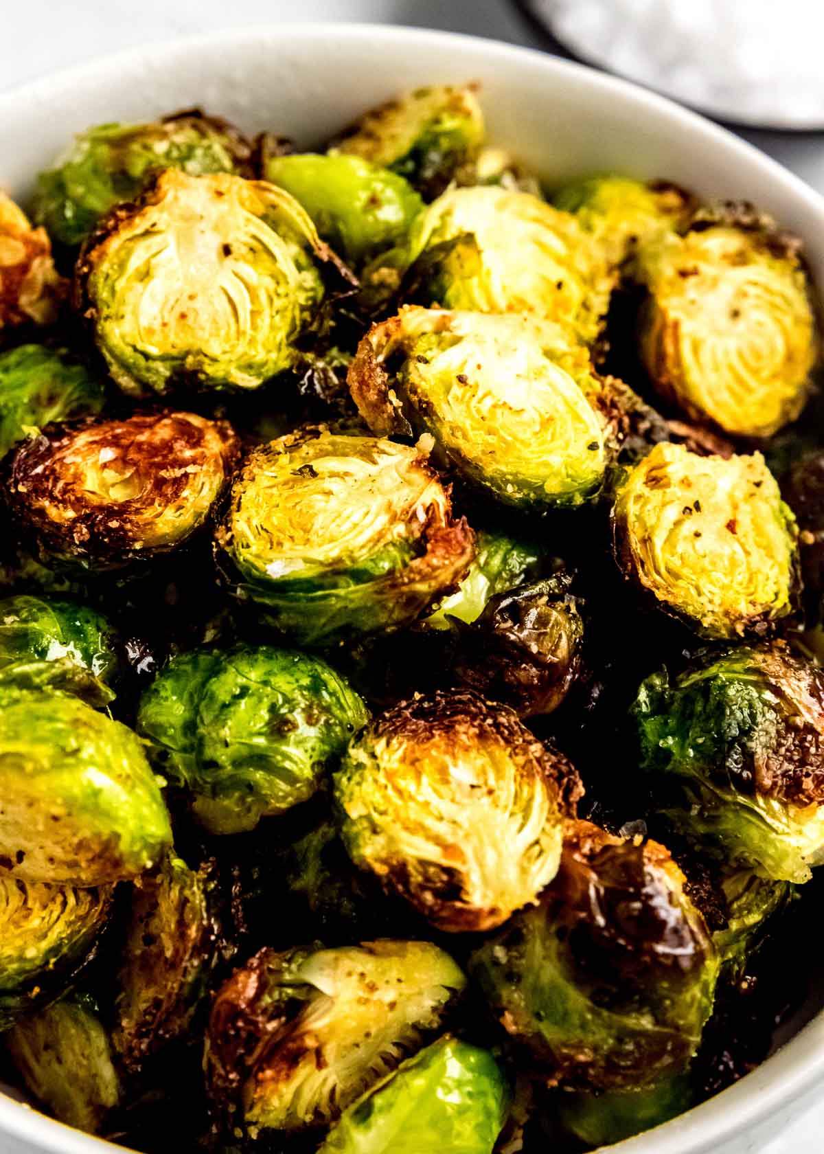 closeup view of air fried brussels sprouts