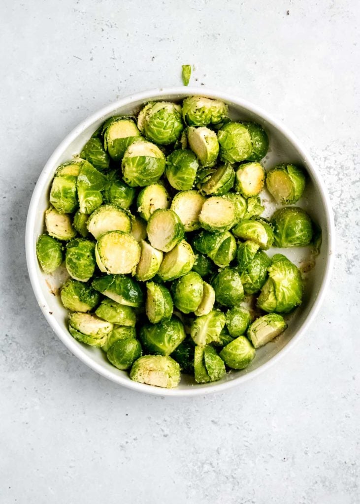 halved brussels sprouts in a bowl