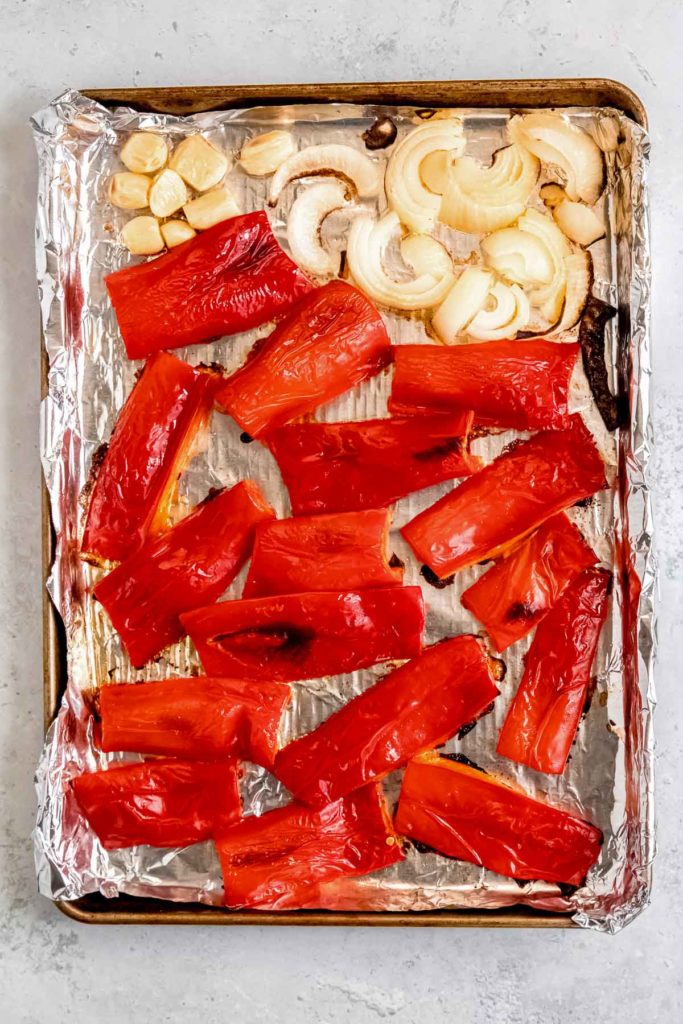 charred and roasted red peppers, onions, and garlic
