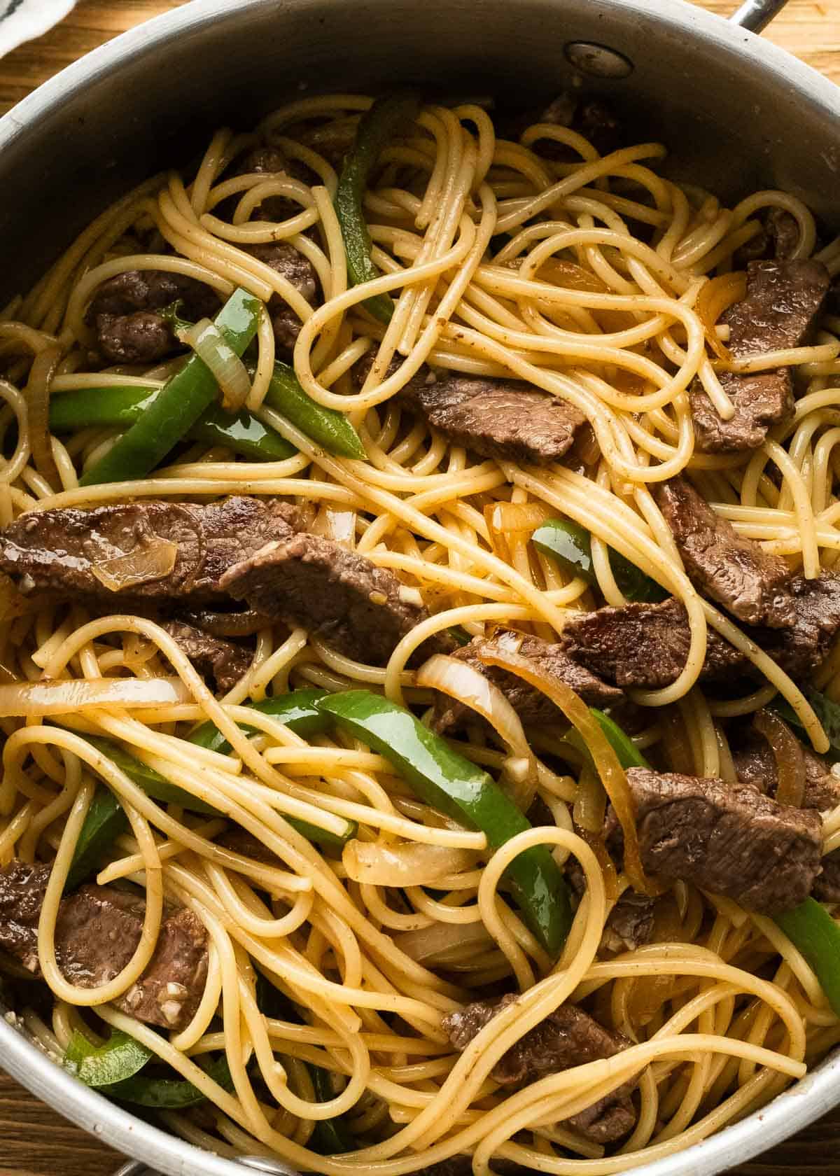 overhead shot of sesame noodles with beef