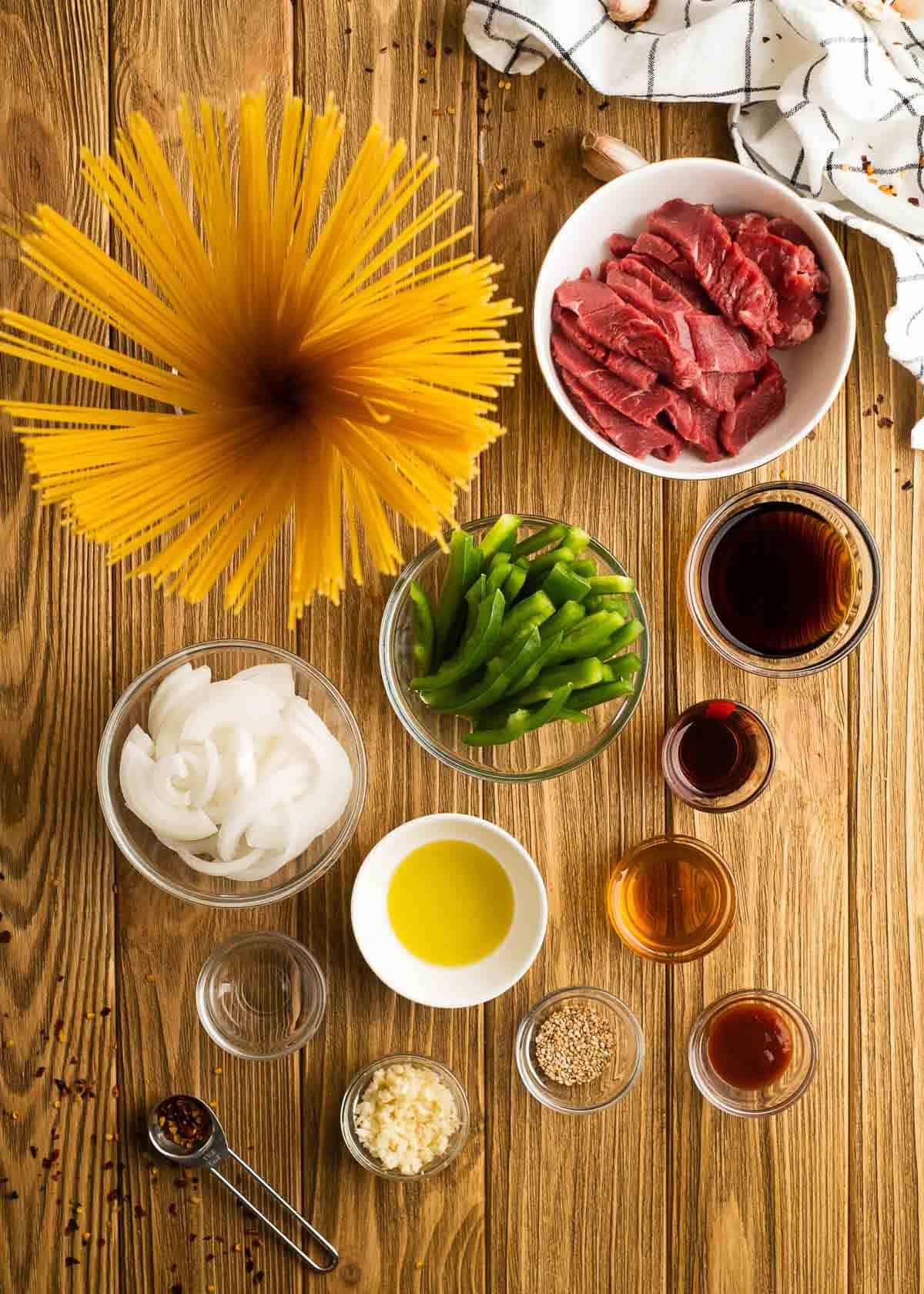 an overhead shot of ingredients to make sesame noodles