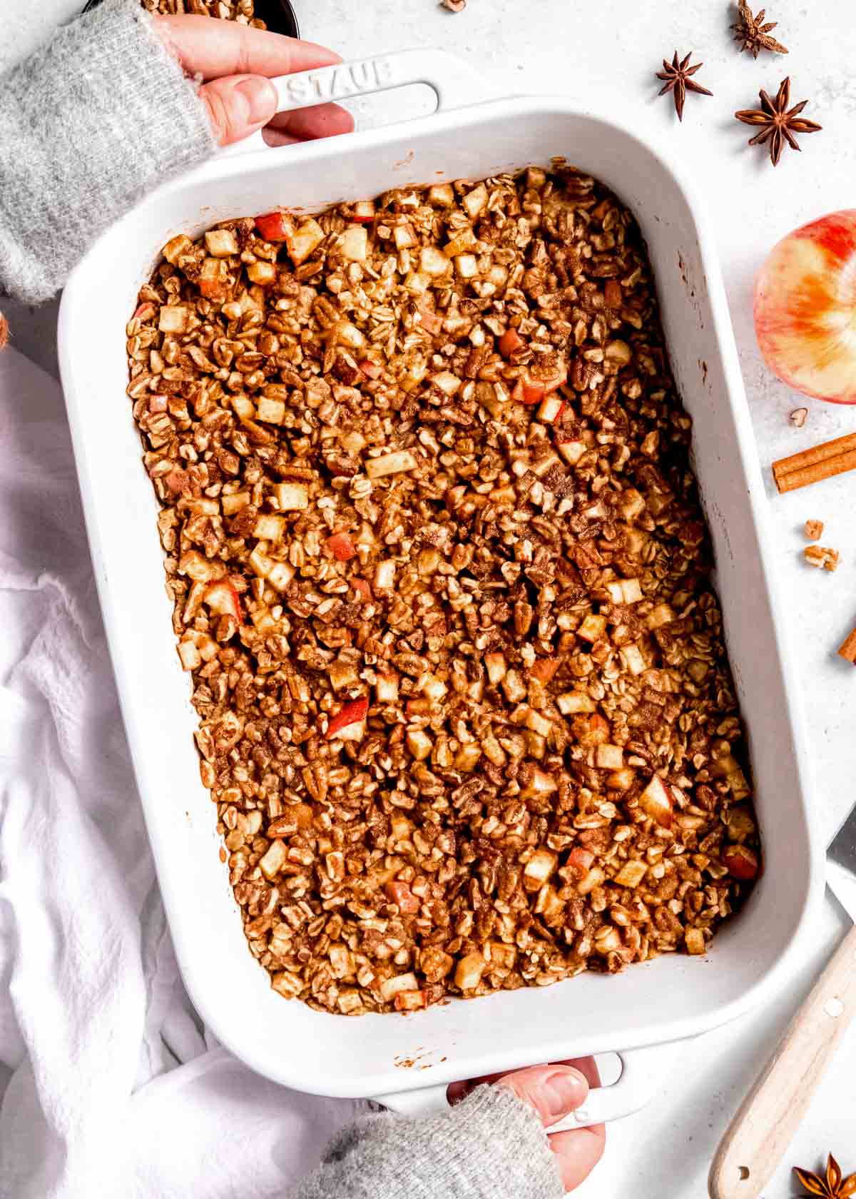 large baking dish filled with apple cinnamon baked oatmeal