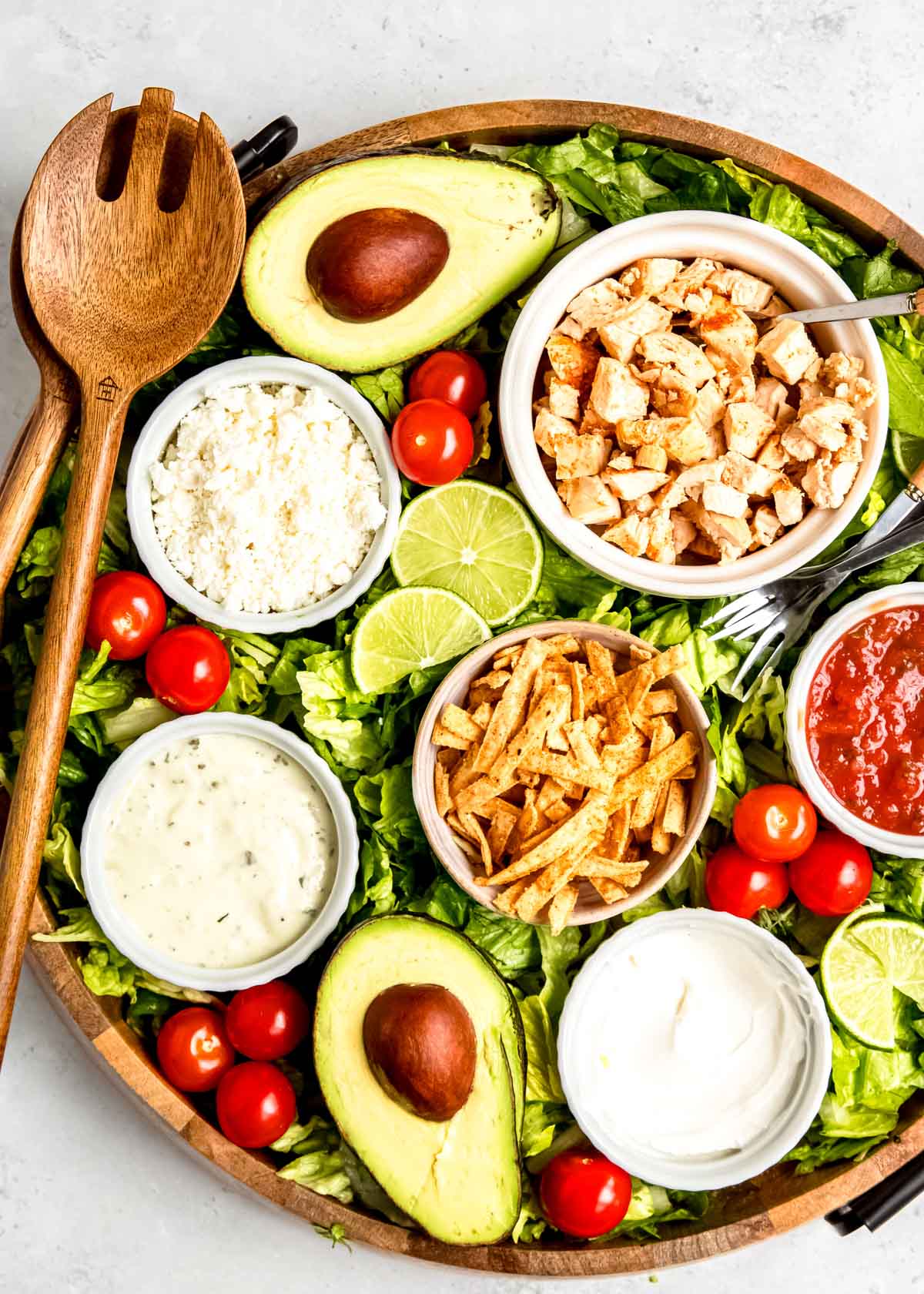 overhead image of southwest chicken salad board