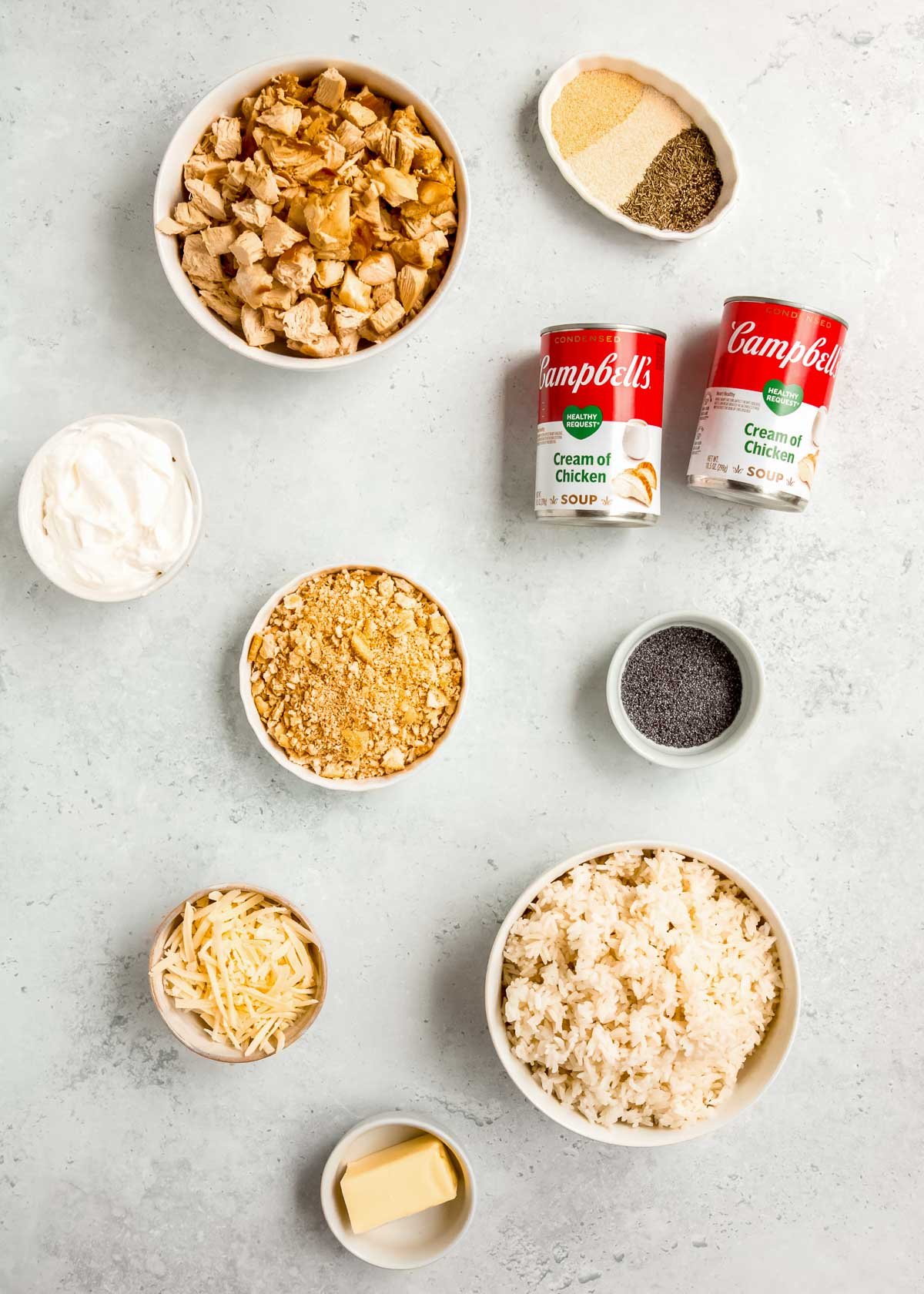 chicken poppy seed casserole ingredients on a white table