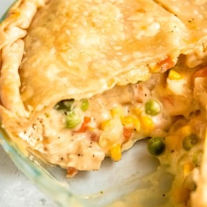 close up overhead image of chicken pot pie