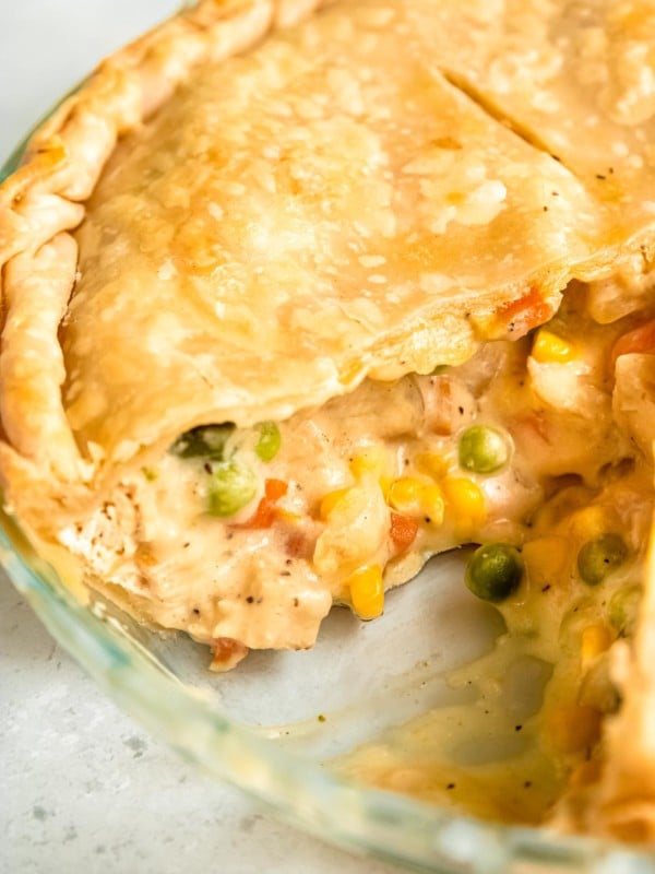 close up overhead image of chicken pot pie