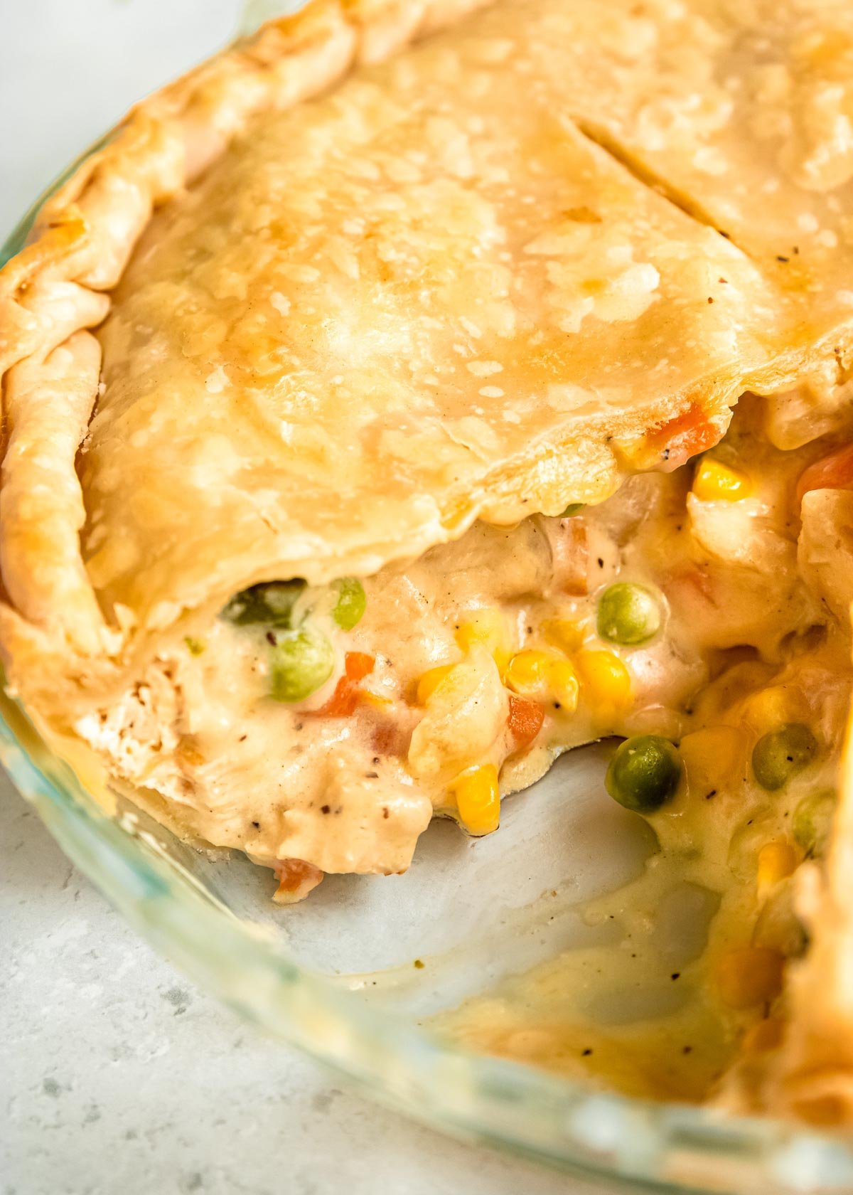 close up overhead image of chicken pot pie