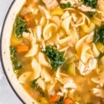 closeup view of simple chicken noodle soup with kale, egg noodles, and rotisserie chicken