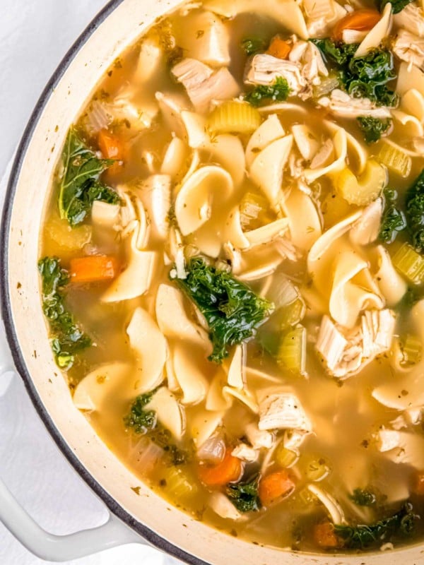 closeup view of simple chicken noodle soup with kale, egg noodles, and rotisserie chicken