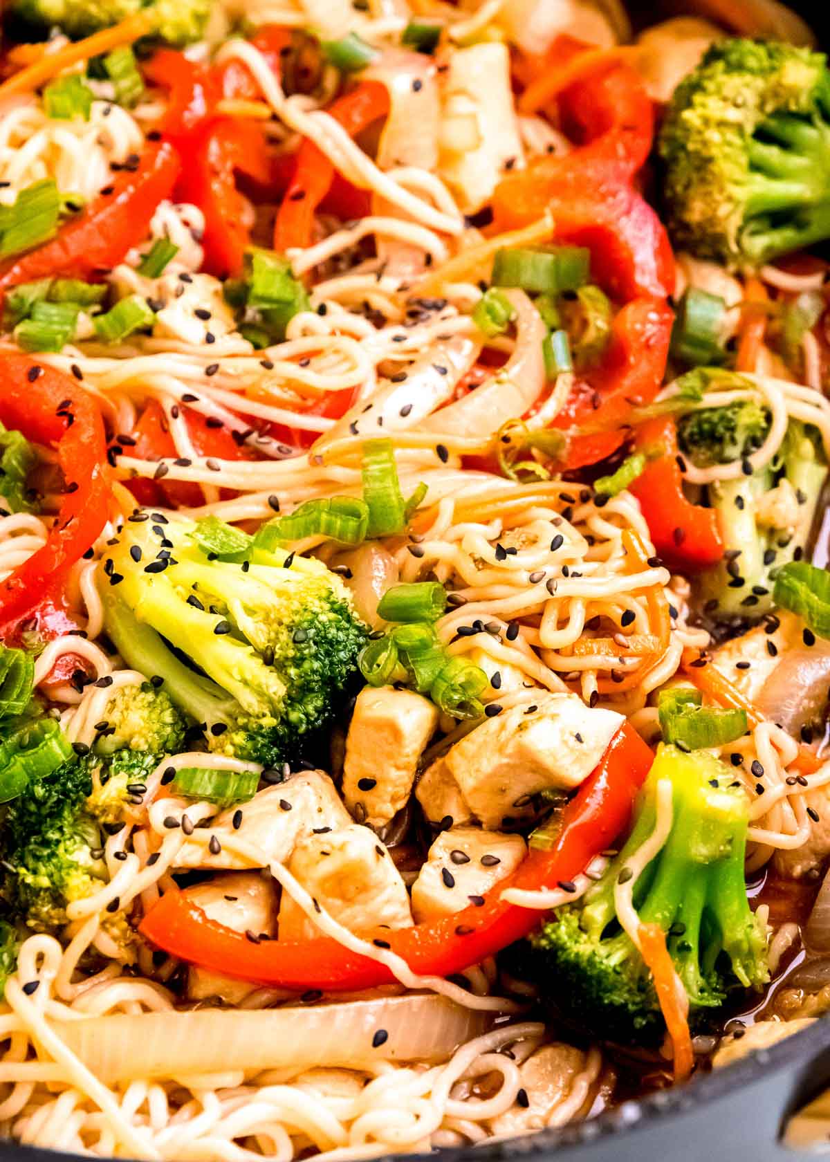 closeup view of stir fry with shirataki noodles, vegetables, chicken, and a delicious sauce