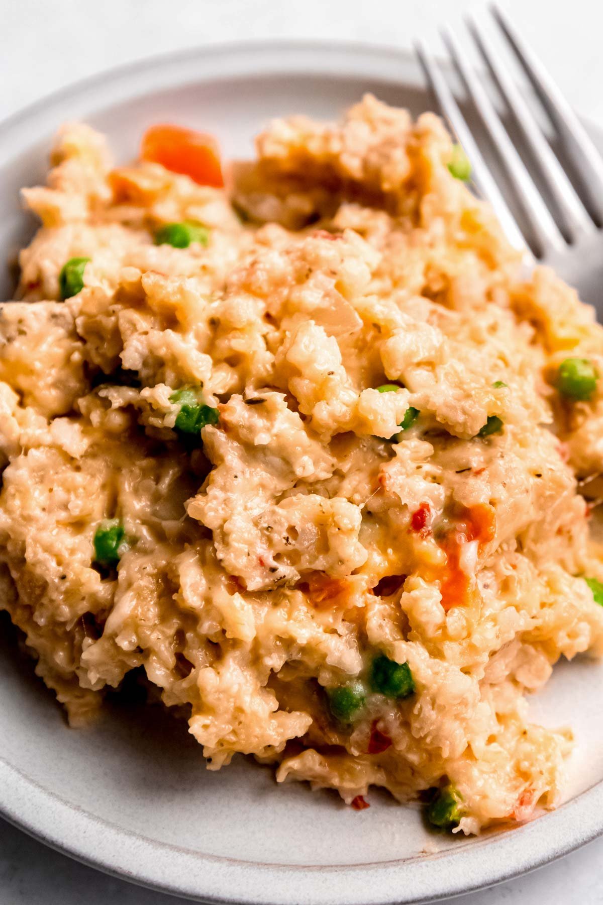 white plate filled with a heaping serving of juicy chicken and brown rice with veggies