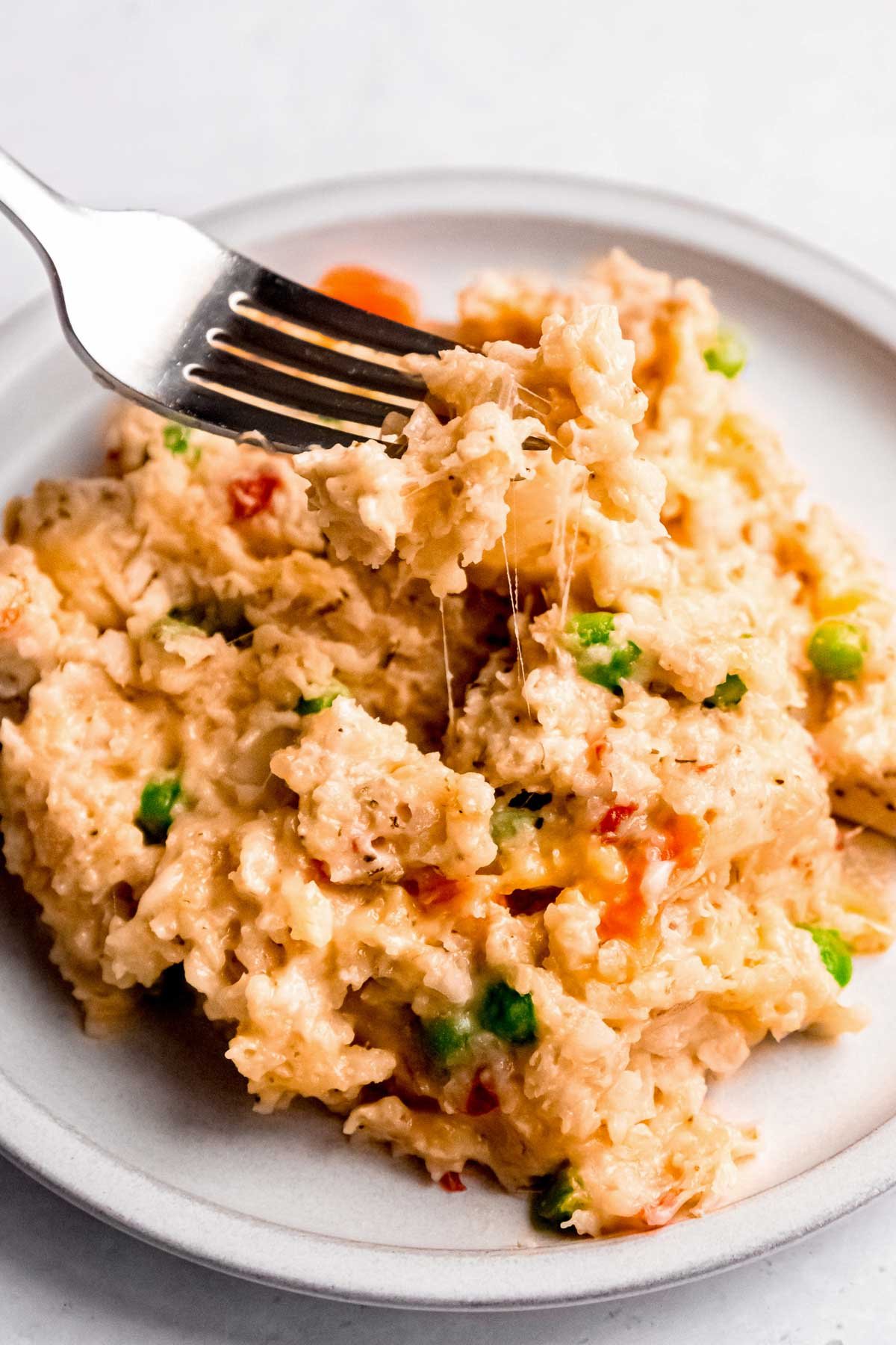 a forkful of creamy chicken and rice with melty cheese