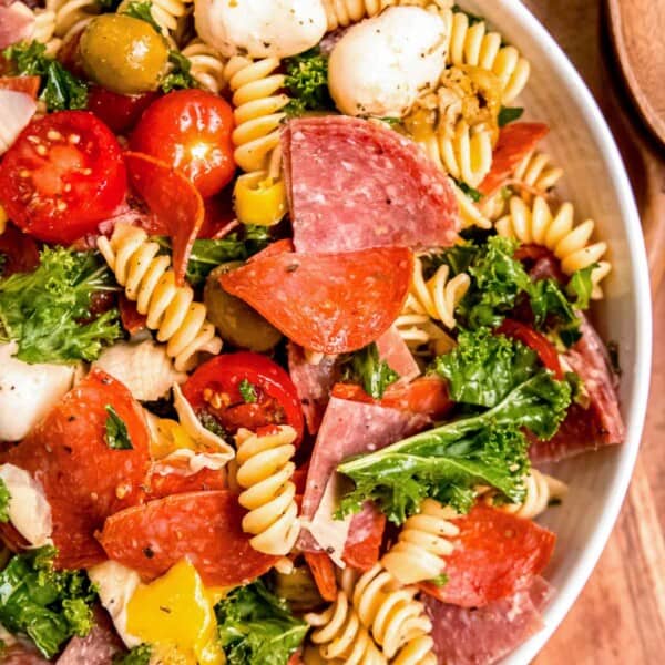 overhead shot showing a bowl filled with antipasto pasta salad