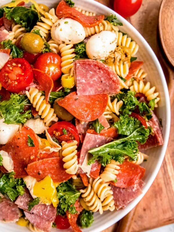 overhead shot showing a bowl filled with antipasto pasta salad