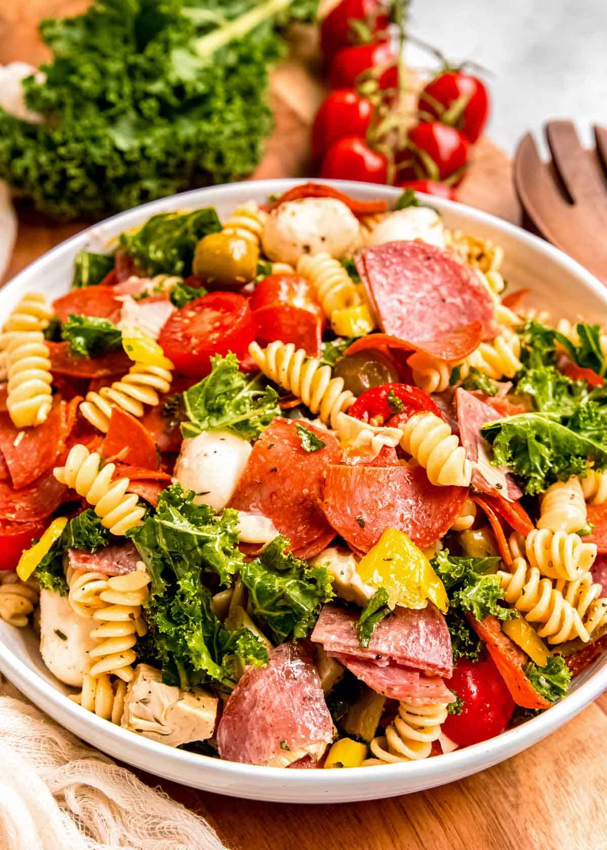 a big bowl full of Italian pasta salad with a red wine vinaigrette