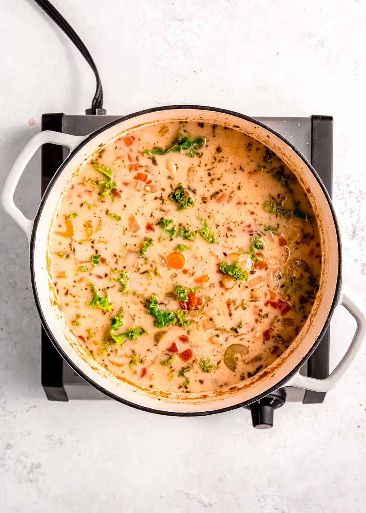 creamy tuscan soup with wilted kale, healthy white beans, tender veggies, and parmesan cheese garnish