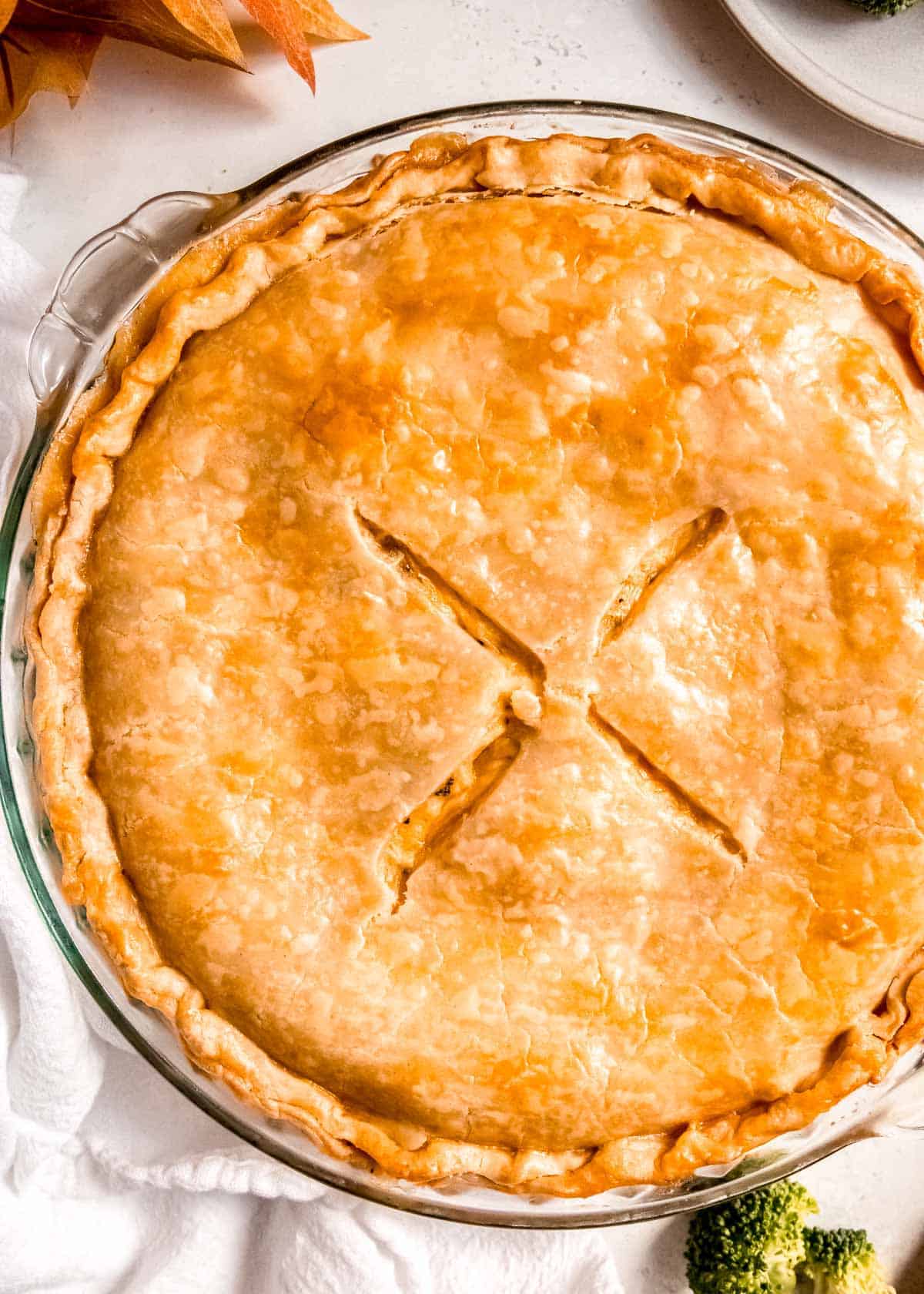 closeup of baked chicken pot pie filled with tender chicken, broccoli, and cheese