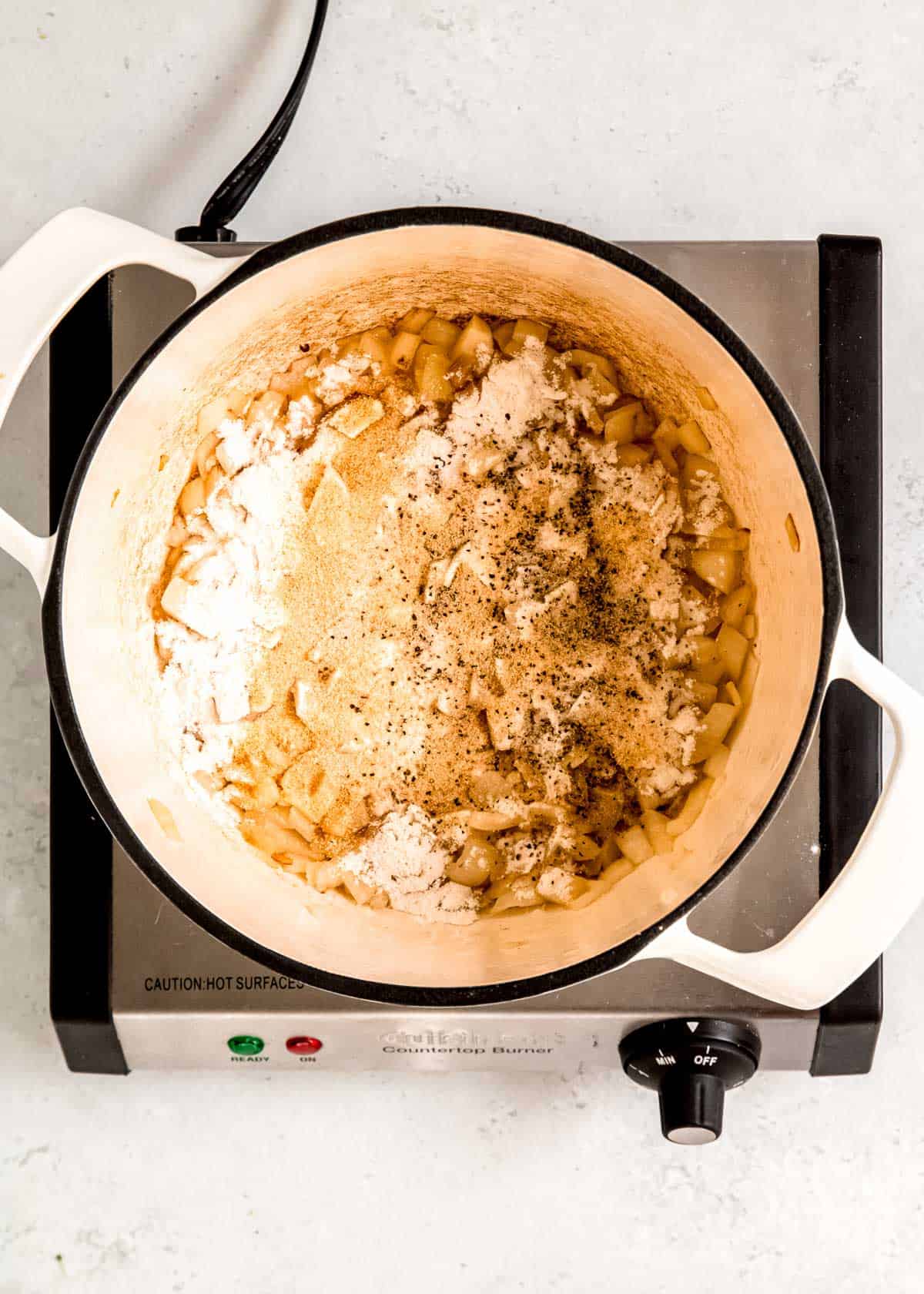 seasonings and flour added into a pot with softened onions