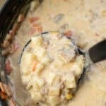 creamy, cheesy hamburger potato soup after stirring to mix in the cream cheese and shredded cheese.