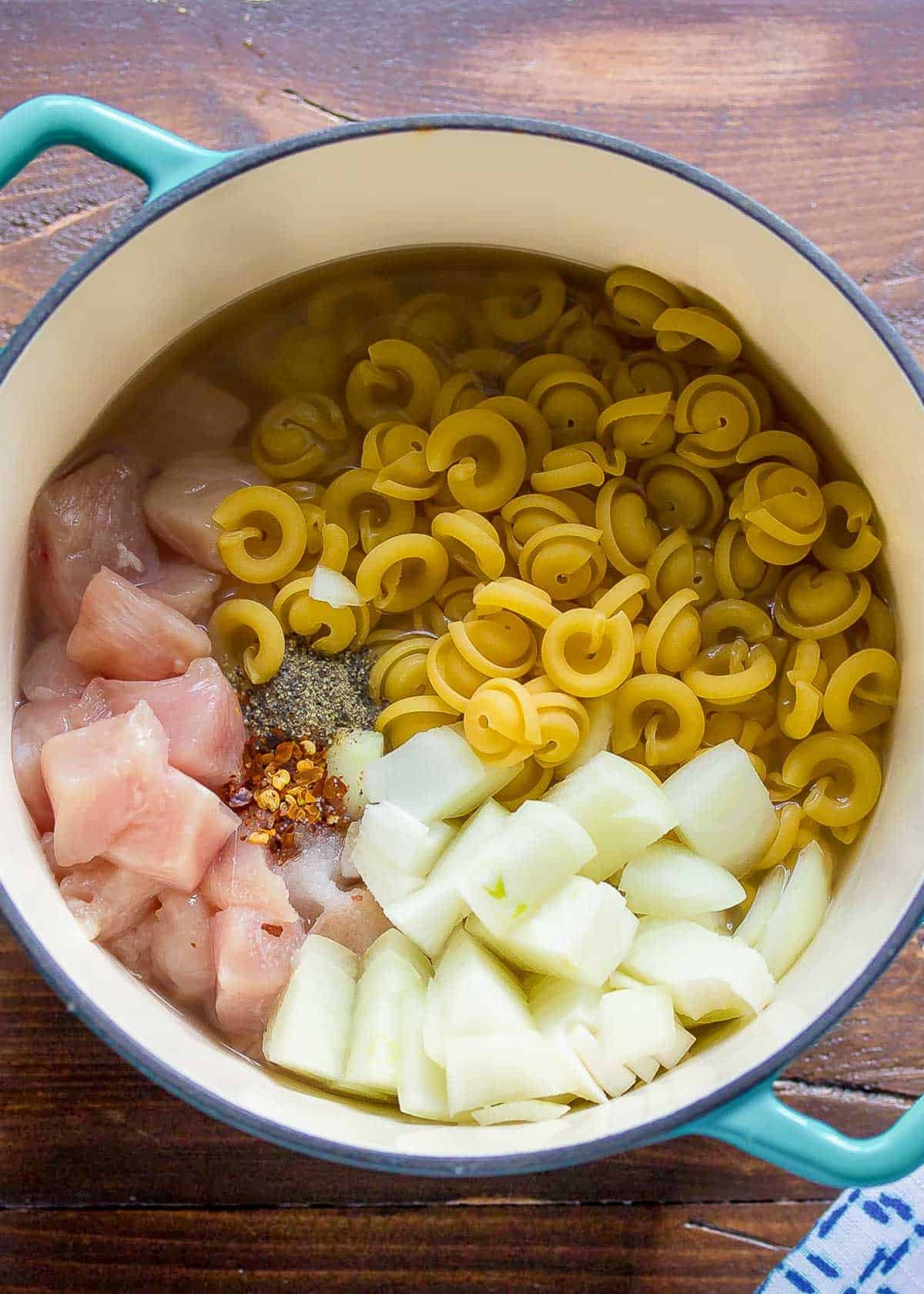 pasta, diced onion, chopped chicken, and seasonings in chicken stock in a pot