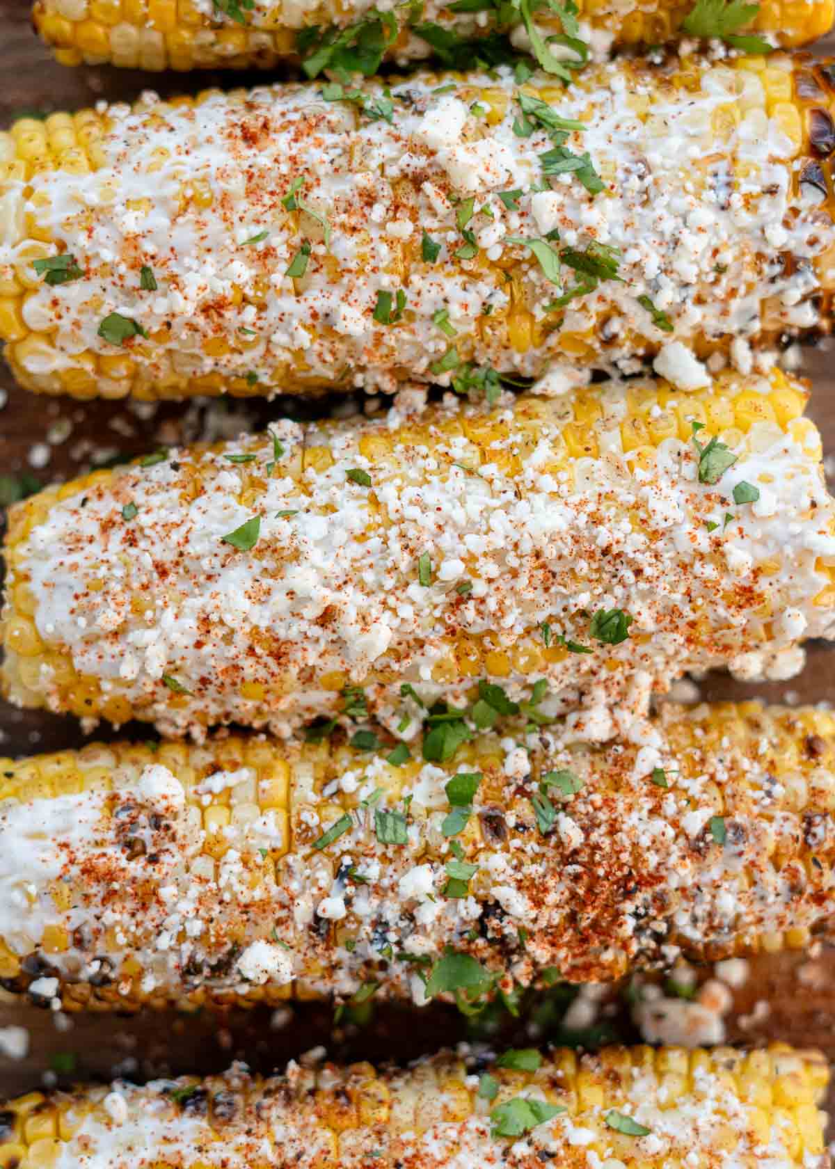a closeup overhead shot of grilled mexican street corn