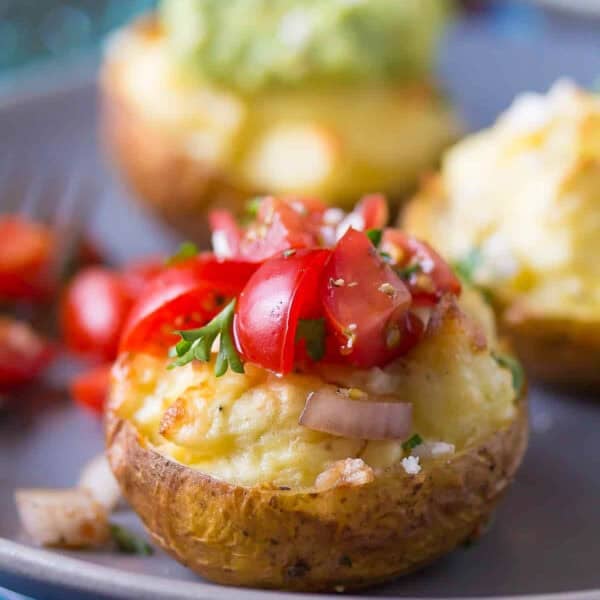Mediterranean Twice Baked Potatoes topped with Bruschetta
