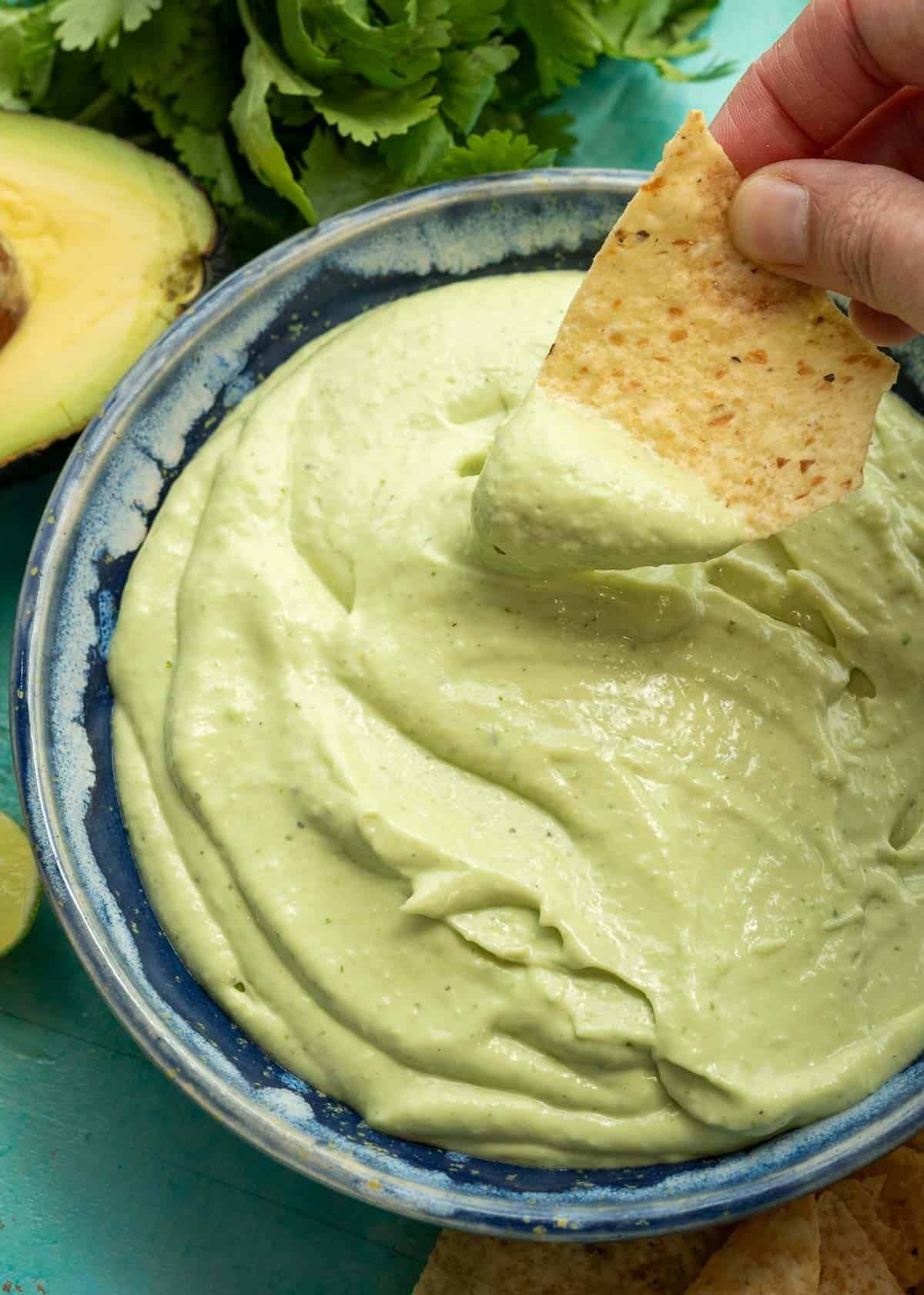 a chip being dipped into a thick avocado crema with cilantro lime flavor