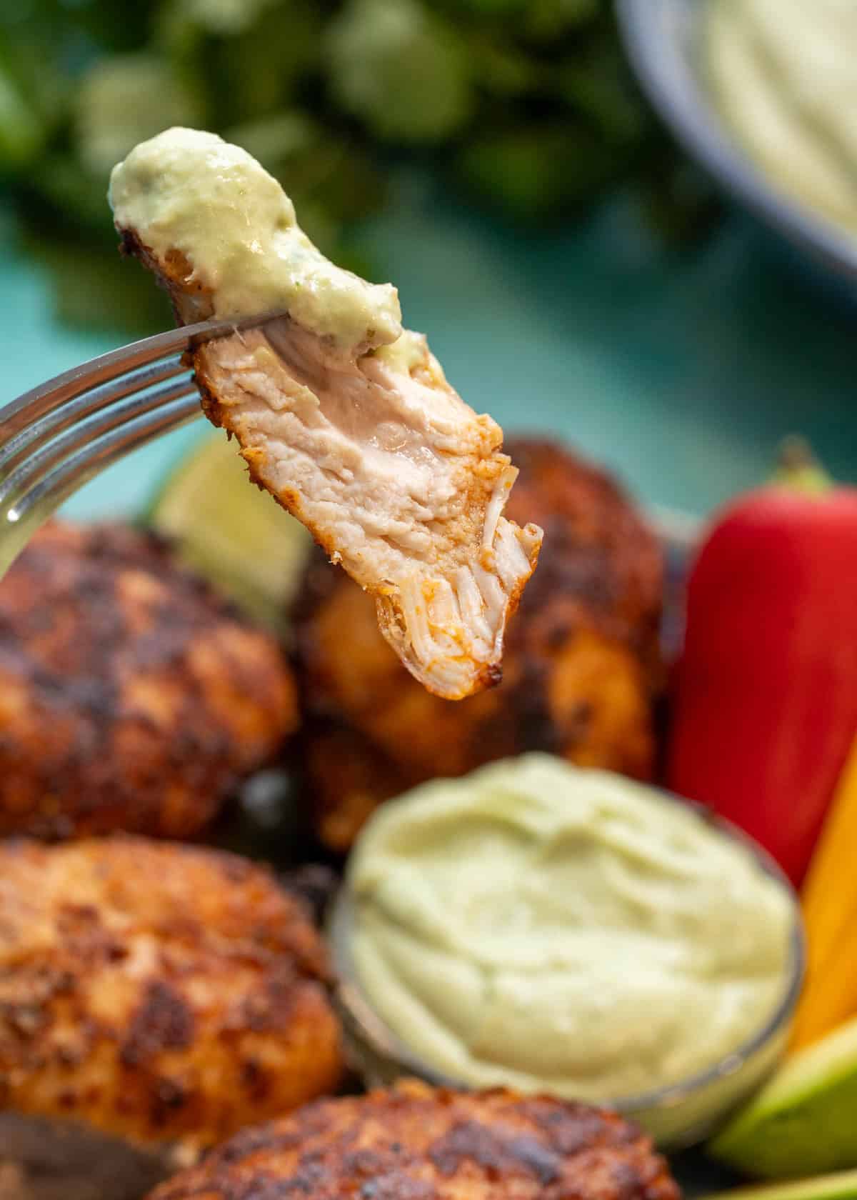 juicy blackened chicken dipped in delicious avocado lime crema