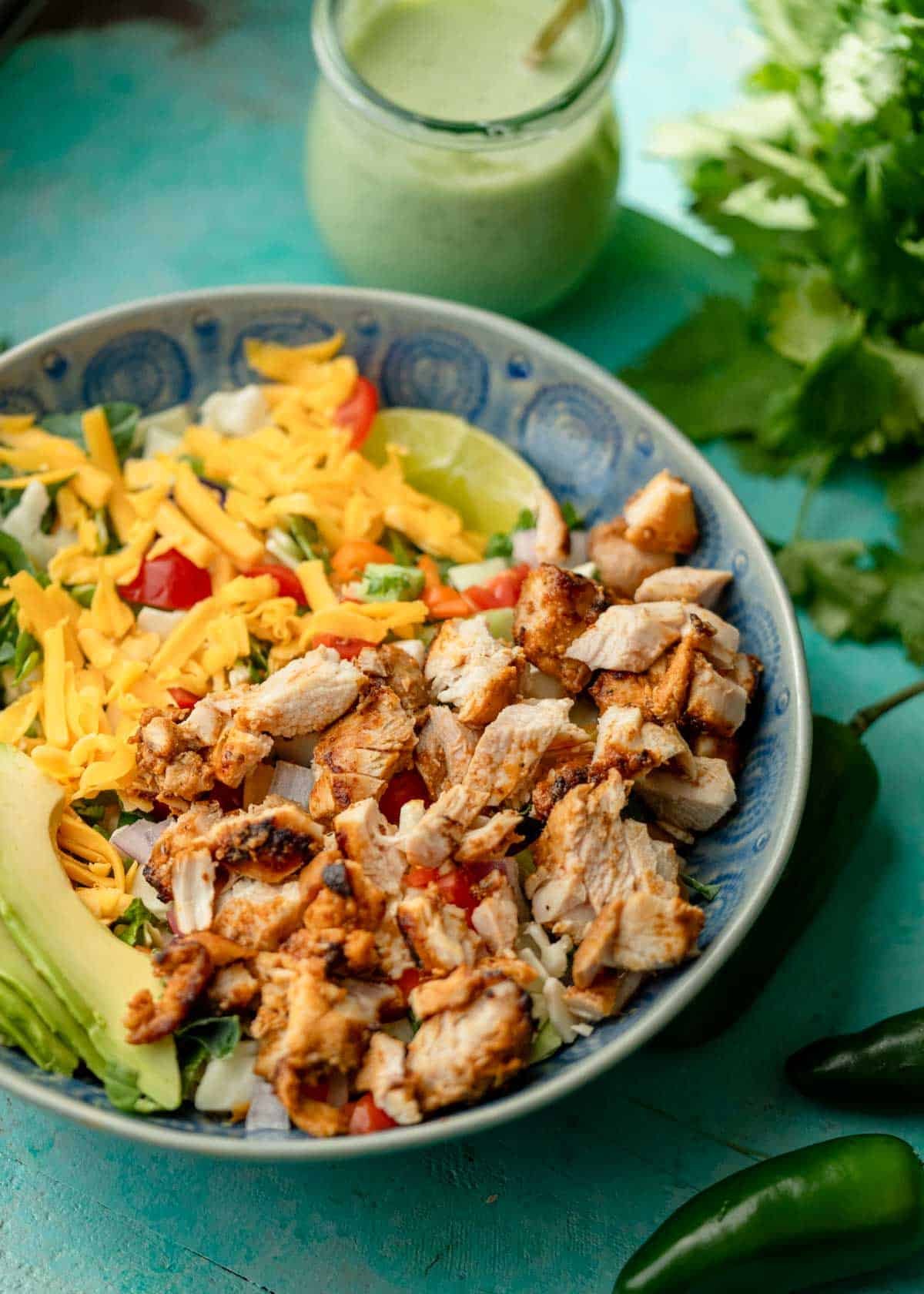 sliced chicken over a salad with avocado with cheese