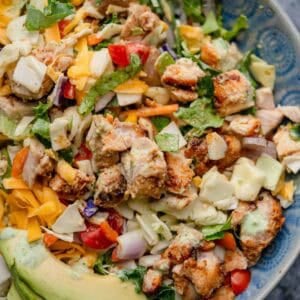 a plate full of the best chicken taco salad recipe ever