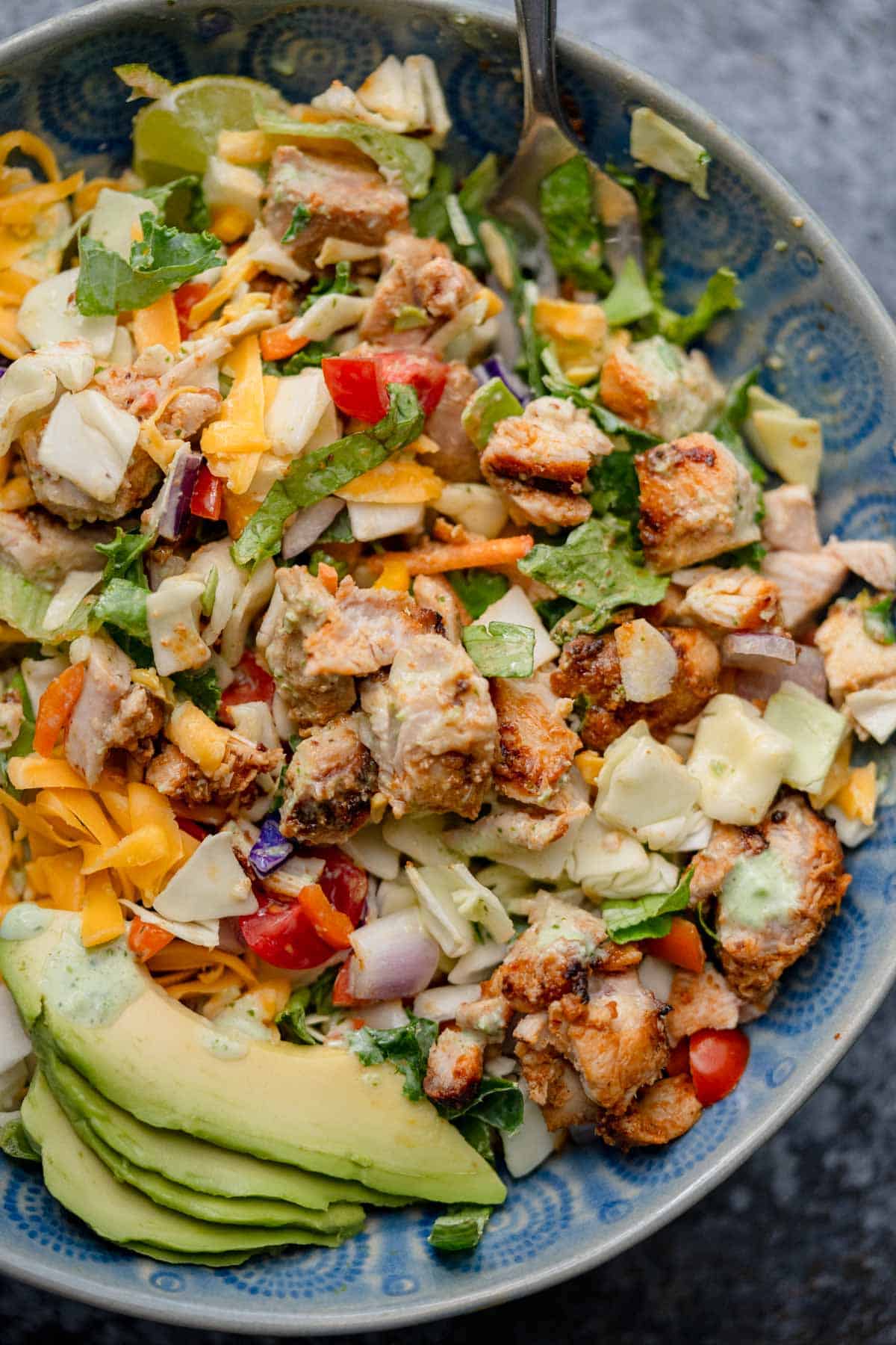 a plate full of the best chicken taco salad recipe ever
