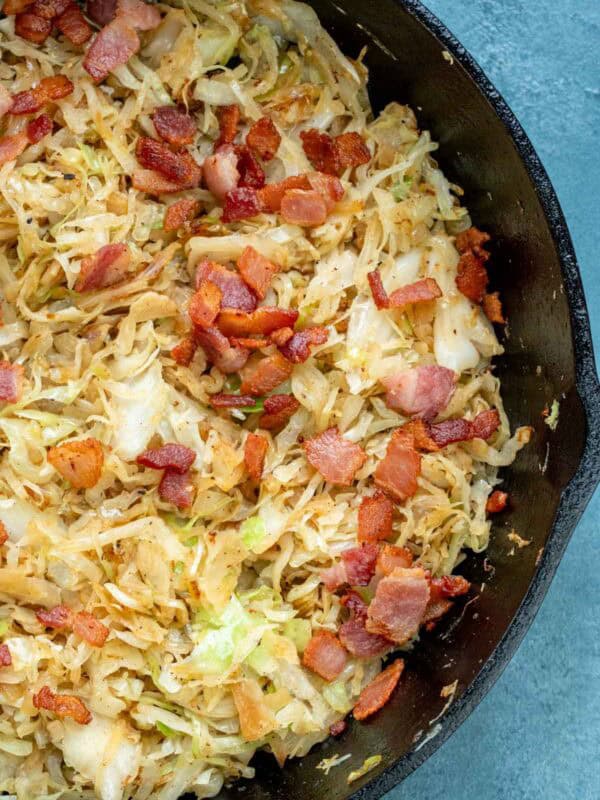 perfectly crispy bacon stirred into fried cabbage