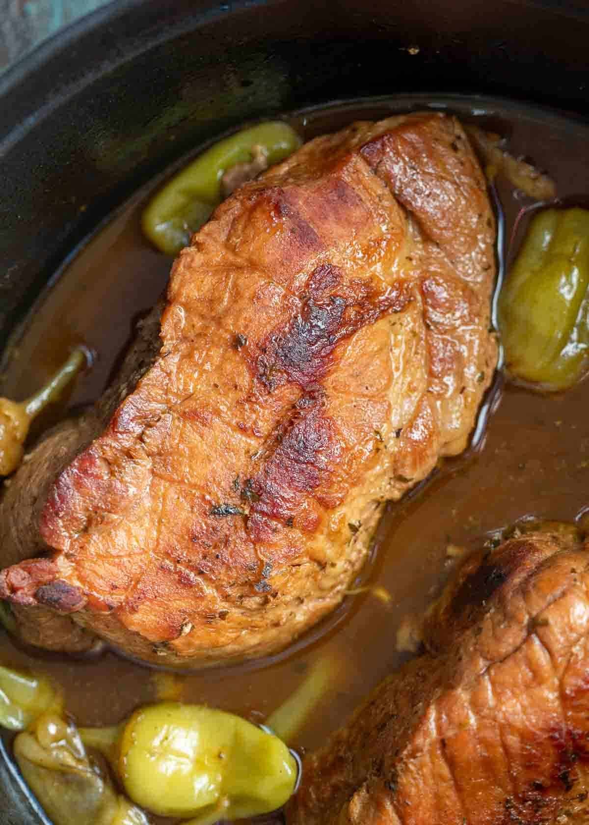 juicy pork roast in a tangy ranch broth